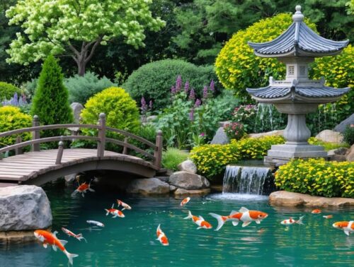 Artistic depiction of a culturally-inspired backyard pond, featuring a Japanese bridge over koi fish, a Mediterranean fountain, and English cottage flowers along the pond's edge, creating a harmonious blend of garden styles.
