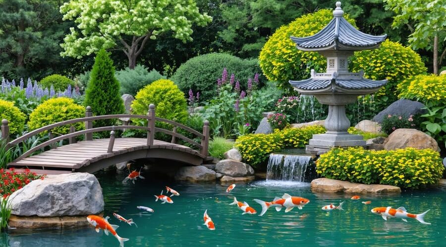 Artistic depiction of a culturally-inspired backyard pond, featuring a Japanese bridge over koi fish, a Mediterranean fountain, and English cottage flowers along the pond's edge, creating a harmonious blend of garden styles.