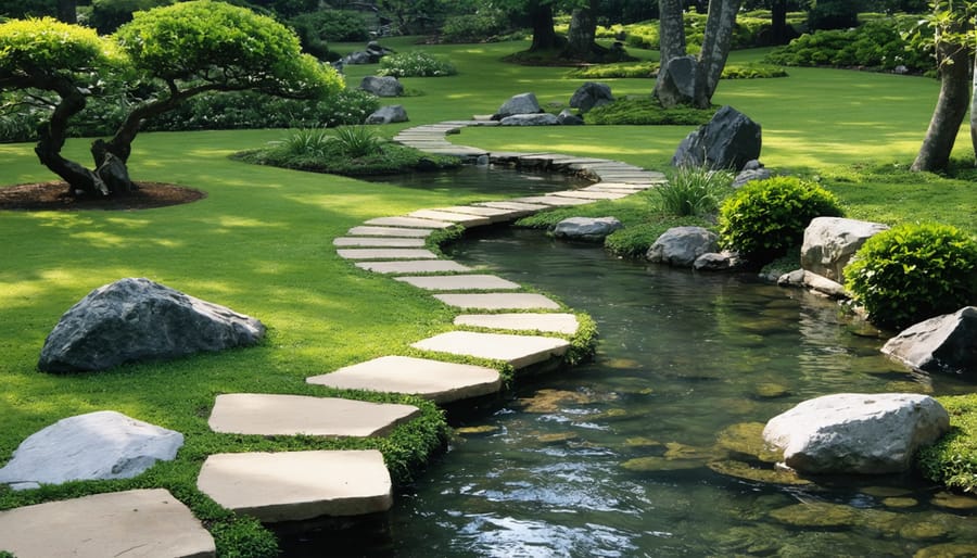 Winding garden stream with natural stone path creating flowing lines through landscape