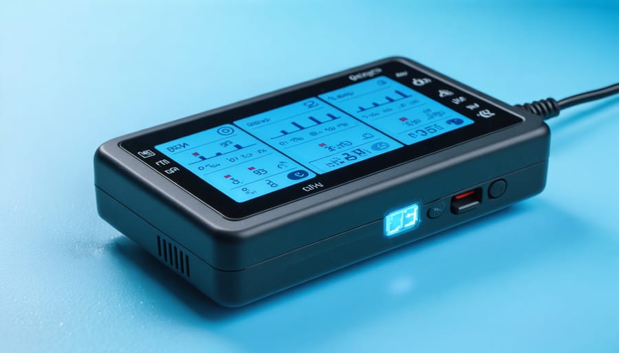 Smart water testing device showing water quality parameters on digital display