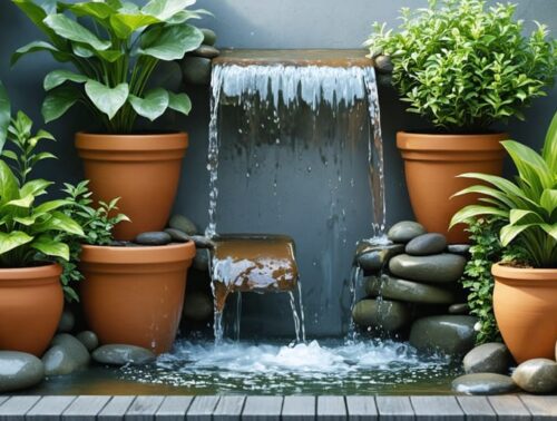 A serene garden scene featuring a cascading water system comprised of terracotta pots and decorative stones, showcasing an integrated plant watering solution with lush greenery.