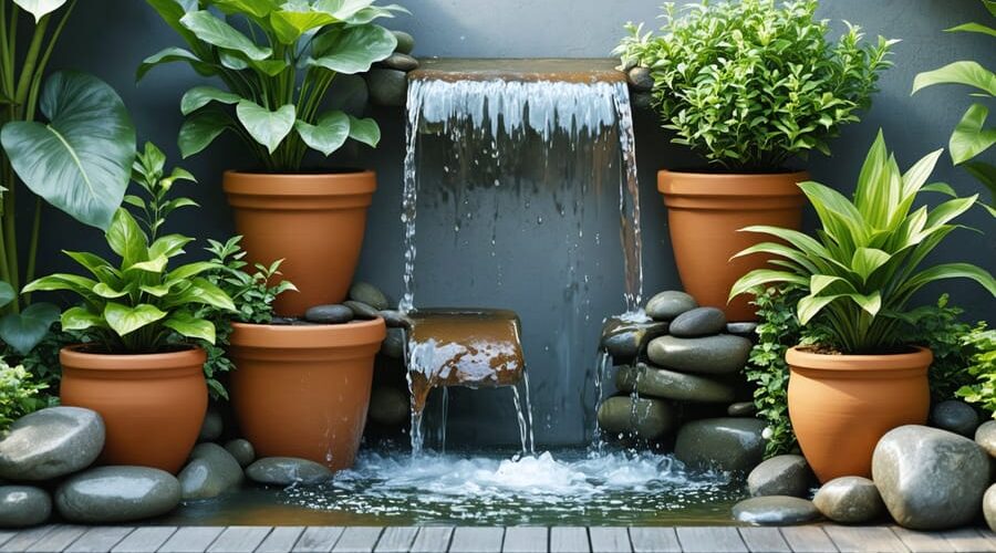 A serene garden scene featuring a cascading water system comprised of terracotta pots and decorative stones, showcasing an integrated plant watering solution with lush greenery.