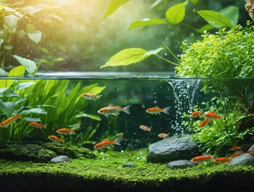 A tranquil water garden displaying a small DIY pond with clear water, vibrant aquatic plants, fish swimming beneath the surface, and air bubbles rising from a diffuser stone, illustrating an effective DIY pond aeration system.