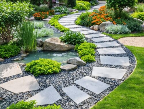 Aerial view of an eco-friendly garden path with sustainable materials, winding through lush greenery and accentuated by vibrant water features.