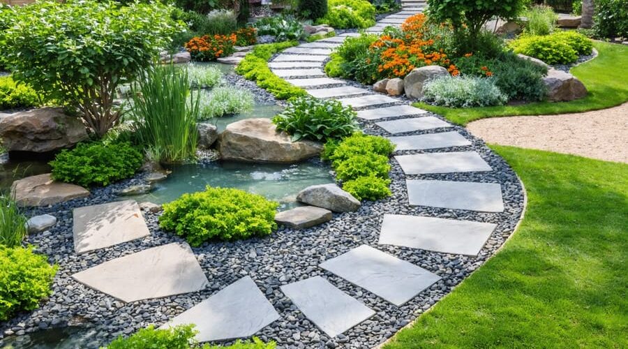 Aerial view of an eco-friendly garden path with sustainable materials, winding through lush greenery and accentuated by vibrant water features.