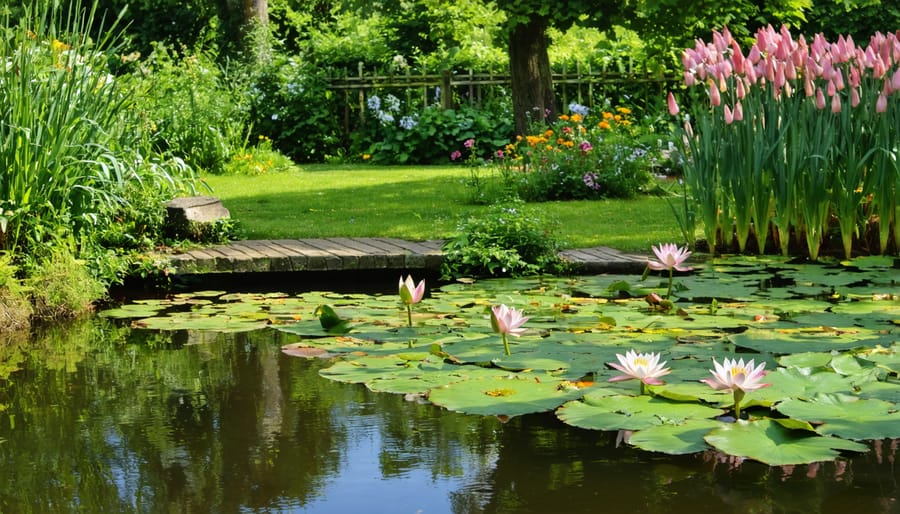 Natural-style English garden pond with flowering water plants and a visiting bird