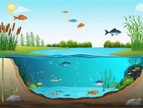 Cross-sectional illustration of a pond showing the littoral, limnetic, and profundal zones with respective plants and animals, symbolizing the interconnected aquatic ecosystem.