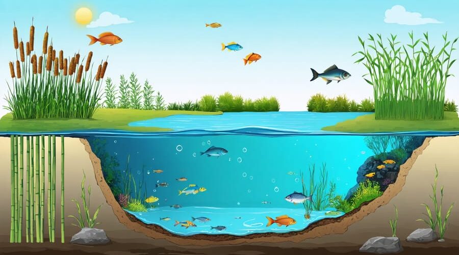 Cross-sectional illustration of a pond showing the littoral, limnetic, and profundal zones with respective plants and animals, symbolizing the interconnected aquatic ecosystem.