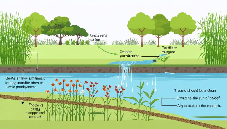 Illustrated cross-section of land showing fertilizer runoff pathway into pond water
