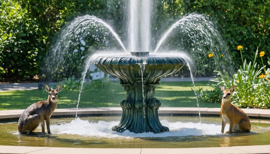 Garden fountain surrounded by flowering plants with birds perched on the edge