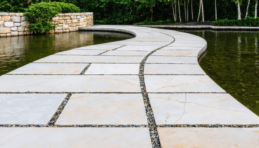 Contrast between geometric stone pavers and organic pond shoreline with flowing plants
