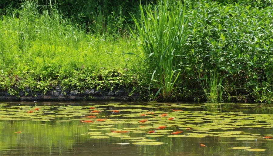 Vibrant littoral zone of a pond featuring various aquatic plants and fish