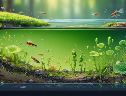 Illustration of a pond cross-section revealing various microscopic organisms, including rotifers, water fleas, and algae, interacting within surface, mid-water, and sediment layers.