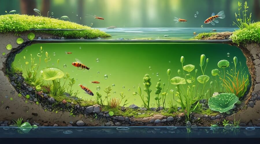 Illustration of a pond cross-section revealing various microscopic organisms, including rotifers, water fleas, and algae, interacting within surface, mid-water, and sediment layers.