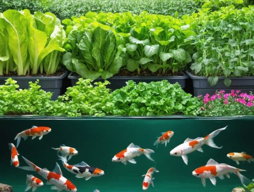 An artistic depiction of a backyard pond transformed into a hydroponic garden, showcasing vibrant green plants like lettuce and mint growing above water with colorful koi fish swimming beneath.