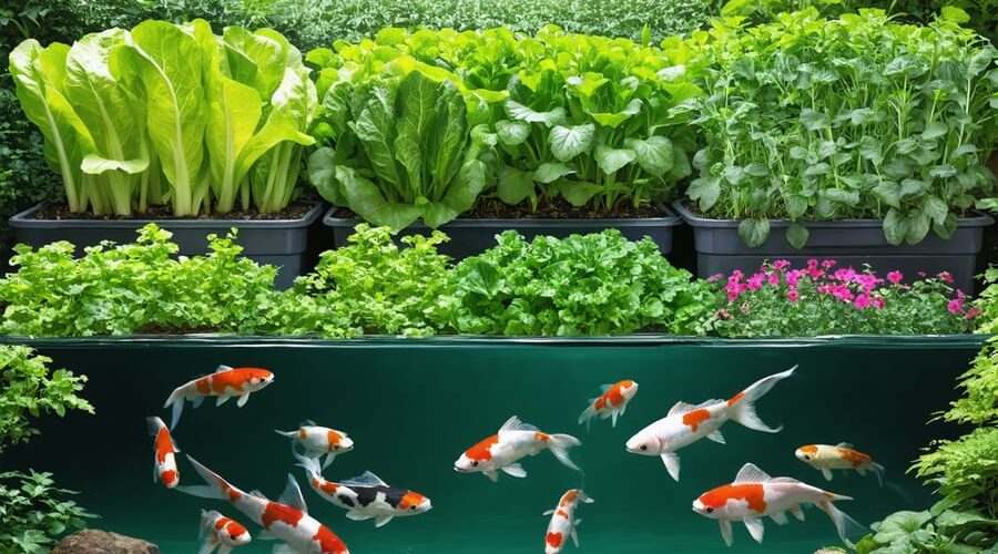 An artistic depiction of a backyard pond transformed into a hydroponic garden, showcasing vibrant green plants like lettuce and mint growing above water with colorful koi fish swimming beneath.