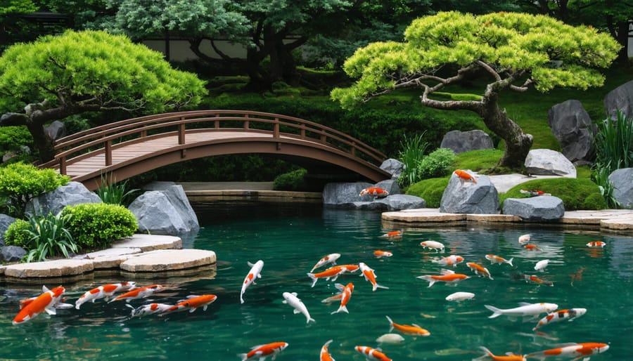 Serene Japanese garden pond featuring a wooden bridge, colorful koi fish, and strategic rock arrangements