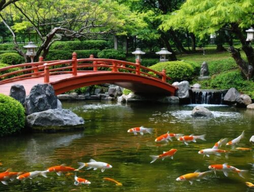 A scenic Japanese garden pond with a red wooden bridge, stone lanterns, and vibrant autumn maples, surrounded by the tranquil flow of water and colorful koi fish.
