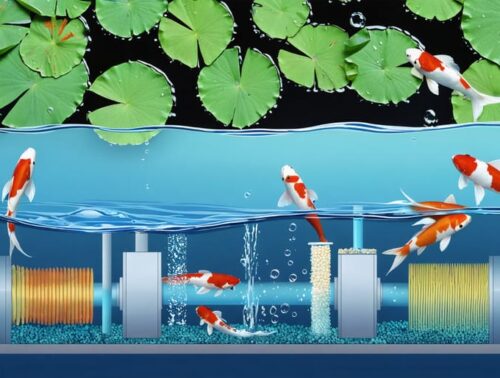 Split-view illustration of a koi pond, showing koi fish and lily pads above water, and an intricate depiction of a mechanical, biological, and UV filtration system below the surface.
