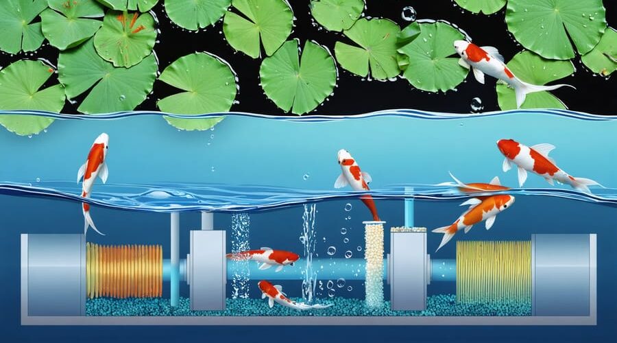 Split-view illustration of a koi pond, showing koi fish and lily pads above water, and an intricate depiction of a mechanical, biological, and UV filtration system below the surface.