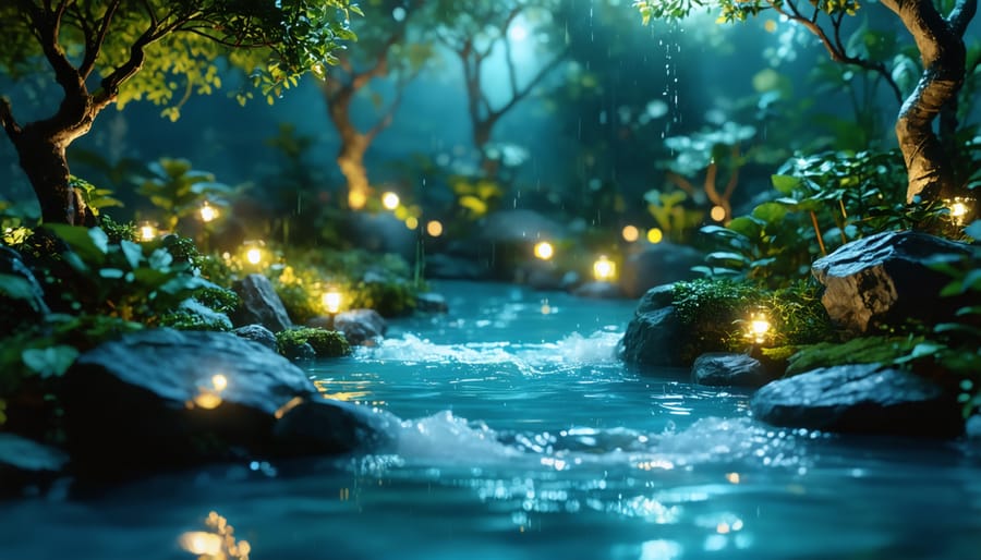 Demonstration of layered lighting techniques in a water garden featuring multiple light sources