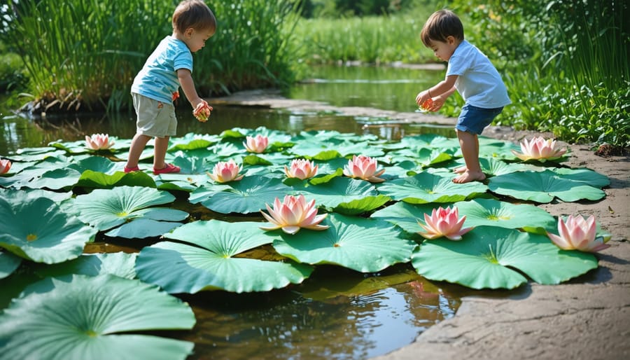 Safe lily pad hopping game setup with artificial floating pads