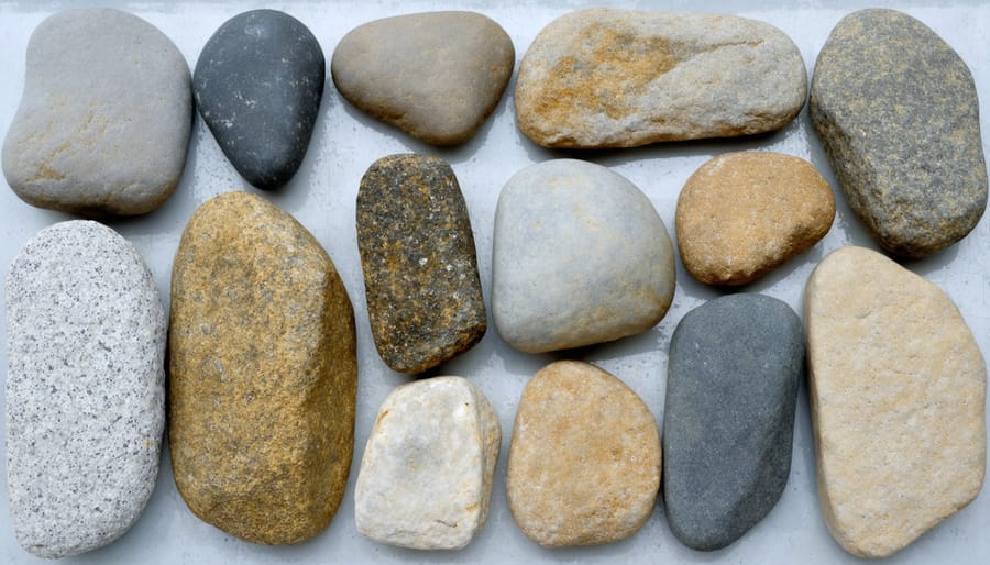 Display of natural stones and rocks commonly used in pond construction, showing variety in size and texture