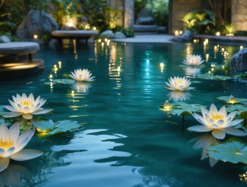 Night view of a tranquil water garden with illuminated water lilies and aquatic plants, featuring underwater and pathway lights creating a mystical atmosphere.