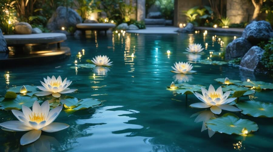 Night view of a tranquil water garden with illuminated water lilies and aquatic plants, featuring underwater and pathway lights creating a mystical atmosphere.