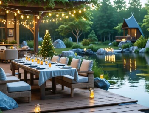 Elegant outdoor dining area at twilight, featuring a table set for dinner on a wooden deck overlooking a serene pond with string lights and lush garden surroundings.