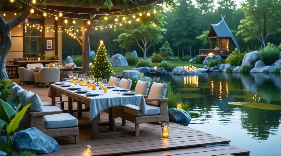 Elegant outdoor dining area at twilight, featuring a table set for dinner on a wooden deck overlooking a serene pond with string lights and lush garden surroundings.