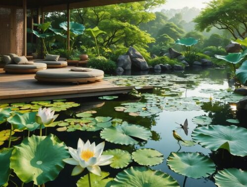 A tranquil garden pond adorned with blooming water lilies and lotus flowers, featuring a wooden meditation bench beside gently rippling water under the open sky, embodying a serene space for outdoor meditation practice.