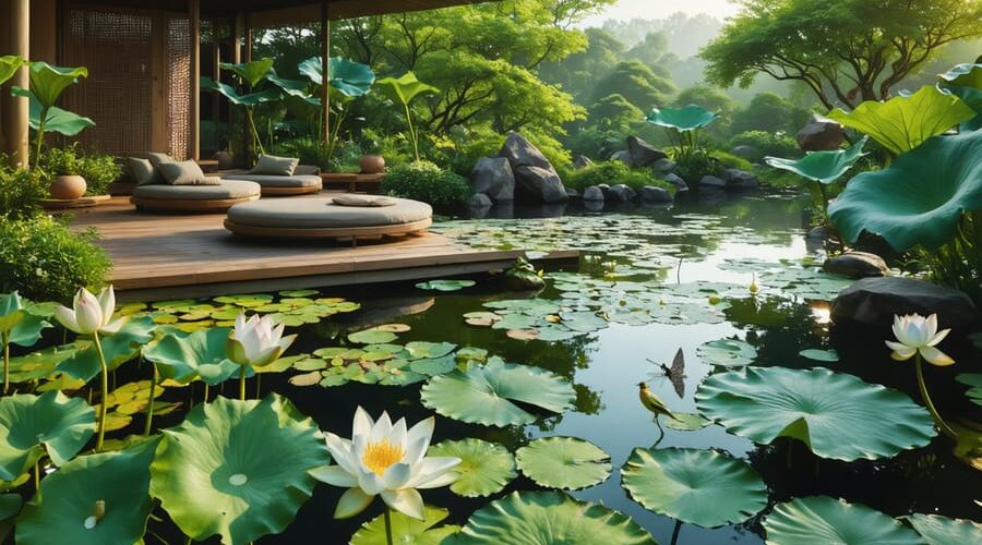 A tranquil garden pond adorned with blooming water lilies and lotus flowers, featuring a wooden meditation bench beside gently rippling water under the open sky, embodying a serene space for outdoor meditation practice.