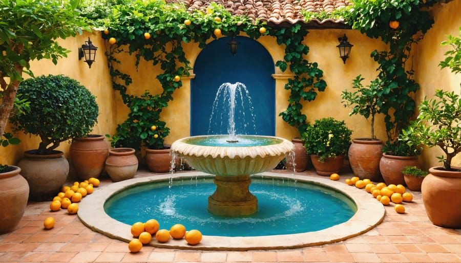 Elegant Mediterranean water fountain with multi-tiered design and traditional Mediterranean plantings