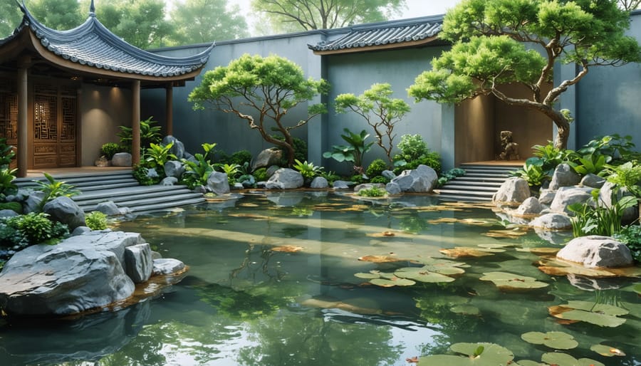 Contemporary pond design featuring zen elements with modern materials and lighting