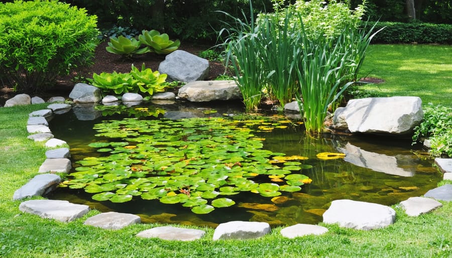 Healthy garden pond with water lilies and natural filtration plants showing balanced ecosystem