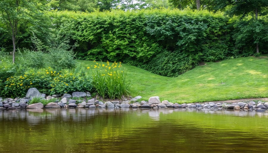 Example of a well-designed natural pond edge with integrated vegetation and stonework