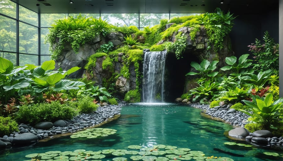 Natural pond filtration system showing arrangement of gravel beds and filtering plants