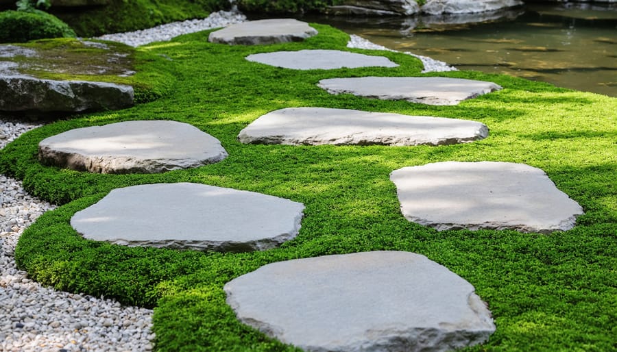 Natural stone pathway with moss integrating with a water garden feature