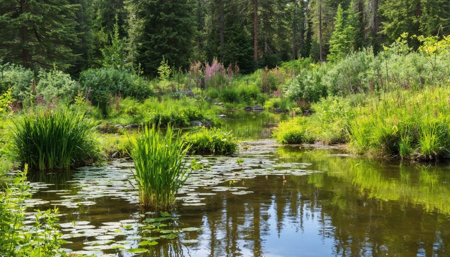 Natural Oregon pond featuring marginal plants, floating lilies, and surrounding vegetation