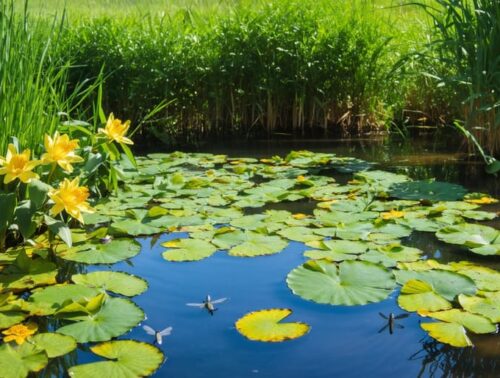 A serene Oregon pond showcasing native aquatic plants, including Yellow Pond Lily with floating leaves and flowers, surrounded by vibrant greenery and wildlife.