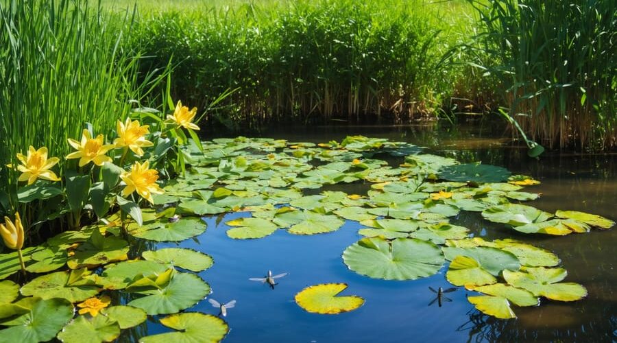 A serene Oregon pond showcasing native aquatic plants, including Yellow Pond Lily with floating leaves and flowers, surrounded by vibrant greenery and wildlife.