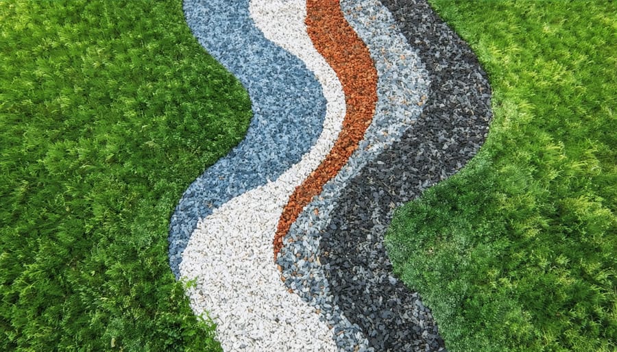 Winding garden path made from permeable gravel in varying earth tones