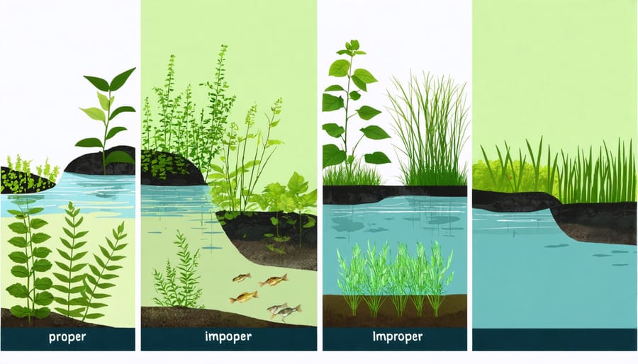 Comparison of correct and incorrect aquatic plant placement in pond zones