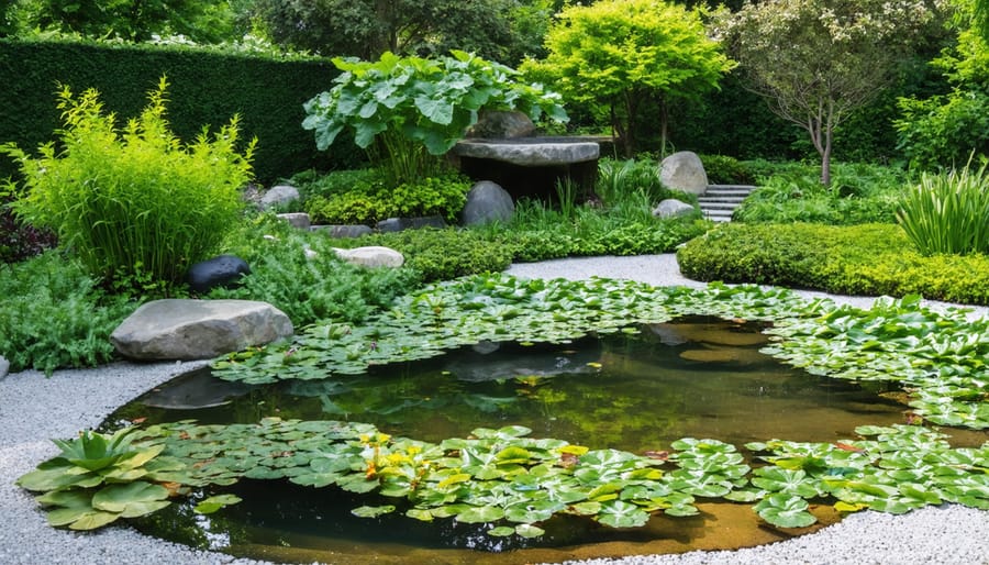 Beautiful water garden with diverse plantings including lotus, iris, and marginal plants attracting multiple pollinators