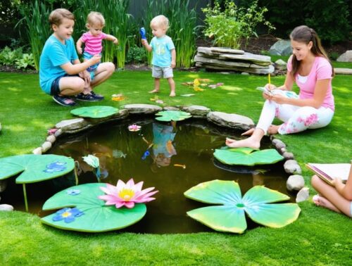 Children and adults engaging in pond games and educational activities around a backyard pond, demonstrating a balance of fun and learning in a natural setting.