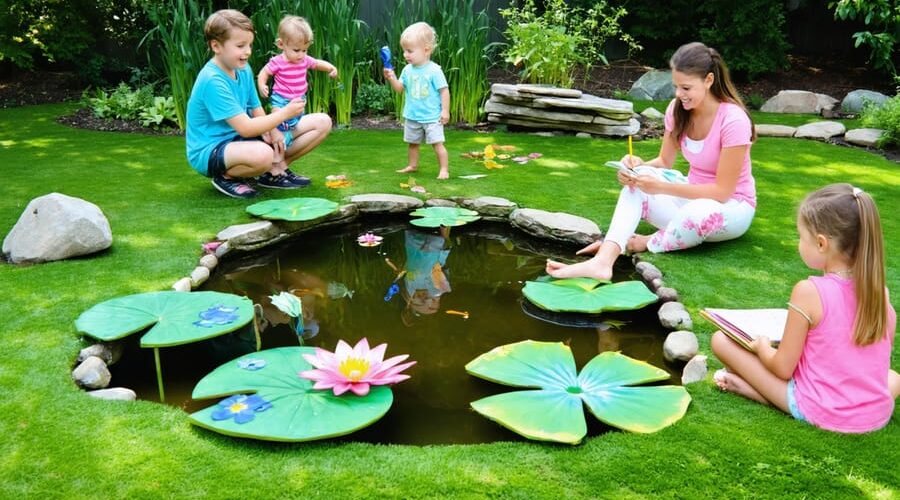 Children and adults engaging in pond games and educational activities around a backyard pond, demonstrating a balance of fun and learning in a natural setting.