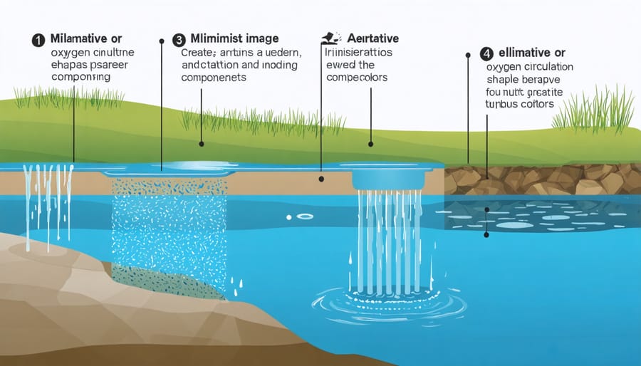 Cross-sectional diagram of pond aeration system showing air bubbles, diffuser placement, and water circulation