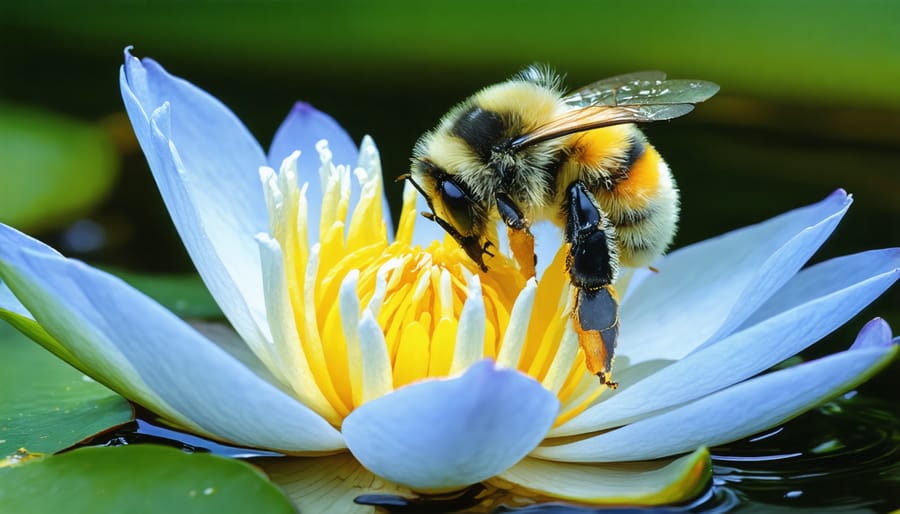 Bumblebee collecting pollen from a pink water lily flower floating on pond water