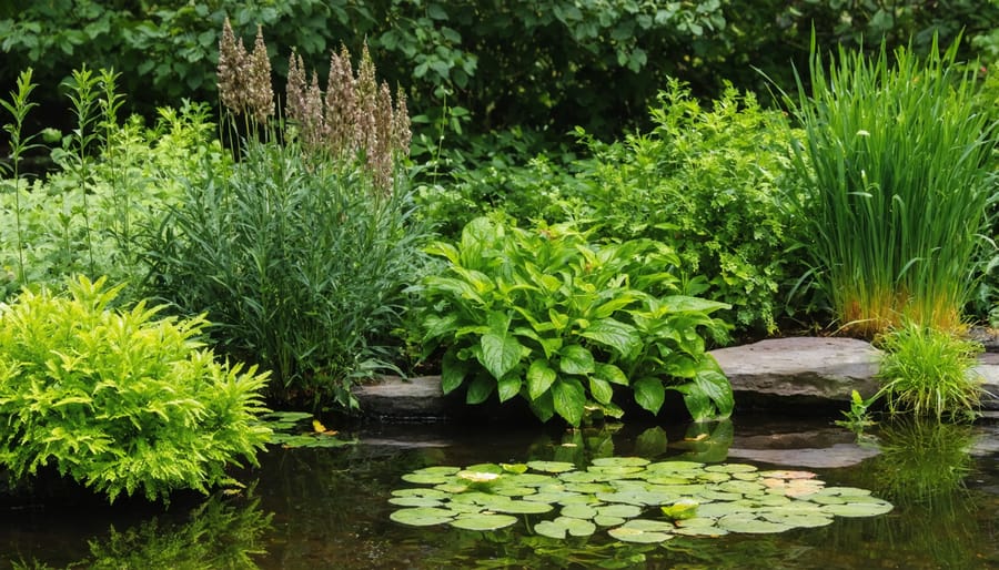 Various aquatic and bog plants growing along a pond edge including iris, rush, and water lilies